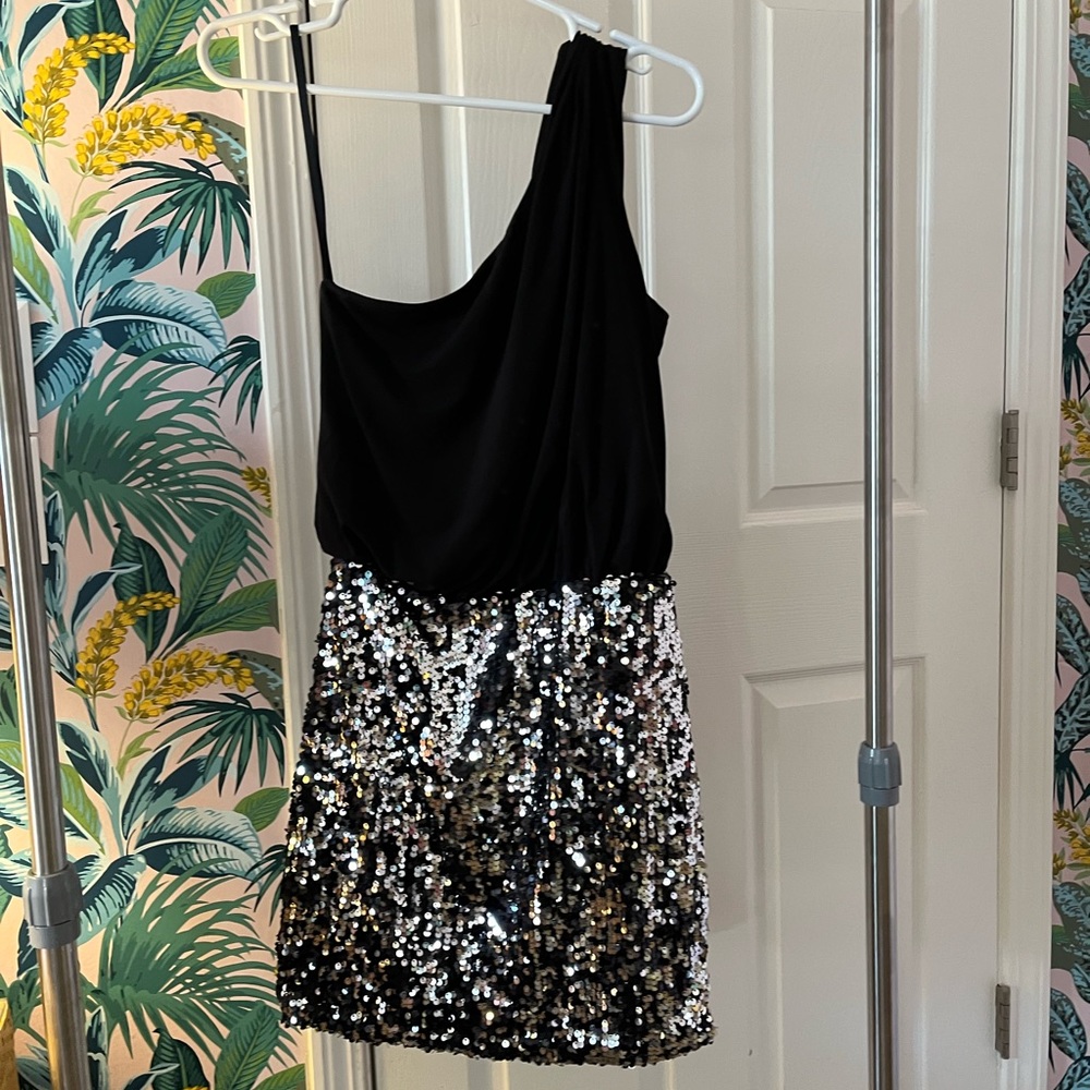 One Shoulder Black and Silver Sequin Mini Dress- Size Medium
